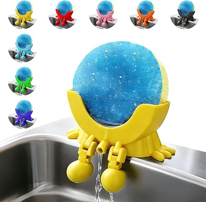 Cute Hanging Sponge Holder with Drainage, 3D Printed Sink Rack with Legs and Handles, 3D Printing Funny Countertop Sponge Holders for Kitchen Sink Draining (Yellow)