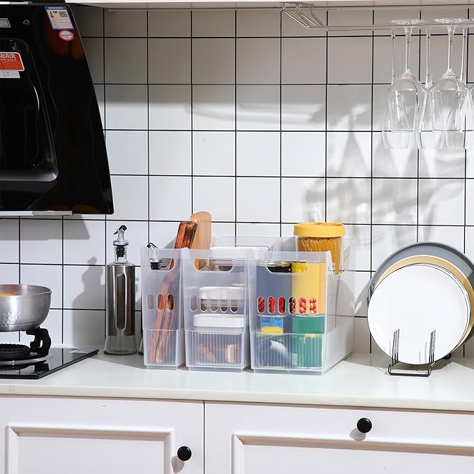 Qunclay 6 Plastic Freezer Organizer Bins with Wheel Set Clear Tall Narrow Kitchen Pantry Organizer Snack Storage Containers for Office Refrigerator(3 Sizes)