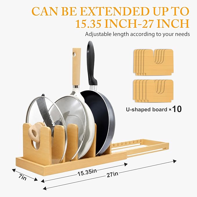 MinBoo Bamboo Expandable Pot Lid Organizer, Pot and Pan Organizer Drawer Organizer for Pot Lids, Adjustable 10 U-Shaped Dividers for Kitchen Cabinet Organizers and Storage (Bamboo-1)