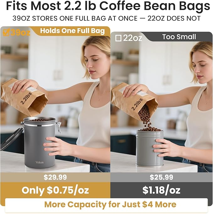 Veken Coffee Canister, 39OZ Large, Airtight Stainless Steel Food Storage Container for 2.2lbs Coffee Beans, Ground, Sugar,Espresso,Rice,Tea,Flour,Cereal, Kitchen Bar Accessories, Lids, Jars,Gifts,Gray
