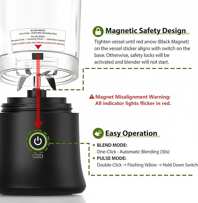 DENOKIN Portable Blender with Drinking Lid, 16oz, Cordless Blender for On-the-Go, Rechargeable via USB-C, Black