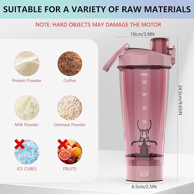 Electric Shaker Bottle, 20 oz Rechargeable Shaker Cup for Protein Mixes and Pre Workout, Portable Gym Protein Blender for Meal Replacement Shakes | Leak-Proof w/Handle | BPA Free (Pink)