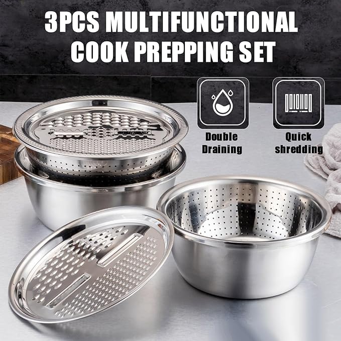 Multifunctional Stainless Steel Basin,Multi Stainless Steel Basin with Grater Vegetable Cutter Slicer Grater Strainer Drain Basket Salad Maker Bowl Colanders for Salad Maker
