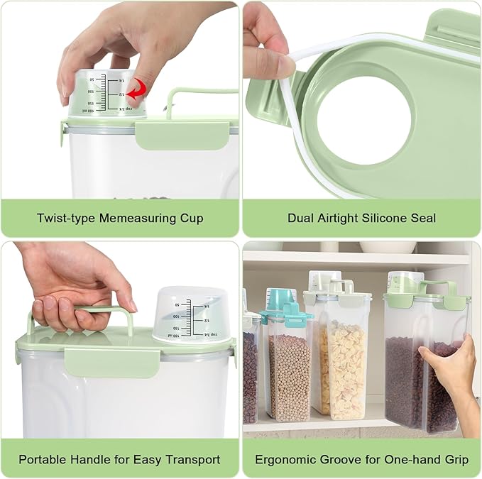 5 Lbs Dog Cat Food Storage Container with Collapsible Dog Bowls for Travel, Portable Pet Food Storage Container, Easy-Pouring Bird Seed Dispenser, Airtight Rice Cereal Oatmeal Flour Holder -Green