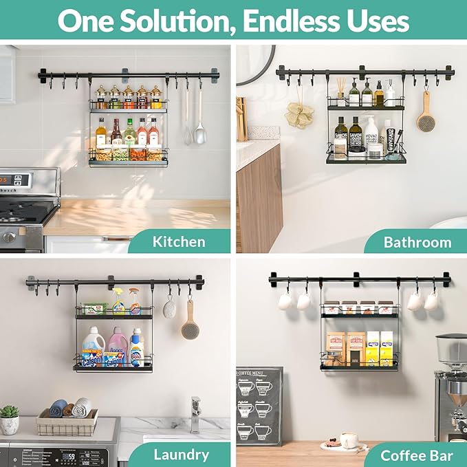 NADAMOO Spice Rack Wall Mount, 2-Tier Storage Shelf with Towel Bar, Utensil Hanger with Hooks for Kitchen, Bathroom, Pantry, Laundry, Matte Black Heavy Duty Metal Organizer