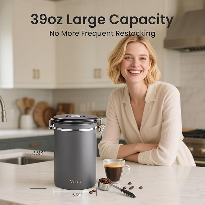 Veken Coffee Canister, 39OZ Large, Airtight Stainless Steel Food Storage Container for 2.2lbs Coffee Beans, Ground, Sugar,Espresso,Rice,Tea,Flour,Cereal, Kitchen Bar Accessories, Lids, Jars,Gifts,Gray