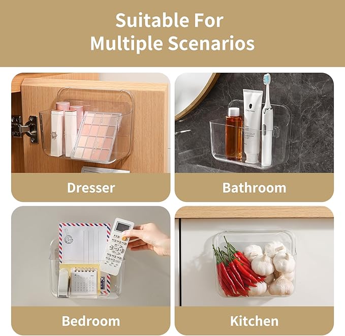 Kitchen Under Sink Cabinet Door Organizer, 4 Pack, Adhesive Clear Acrylic Wall Mount Shelf, Bathroom Makeup Storage Bins, Shower Caddy, Spice Rack, Drink Packet Sponge Dishwasher Pod Holder