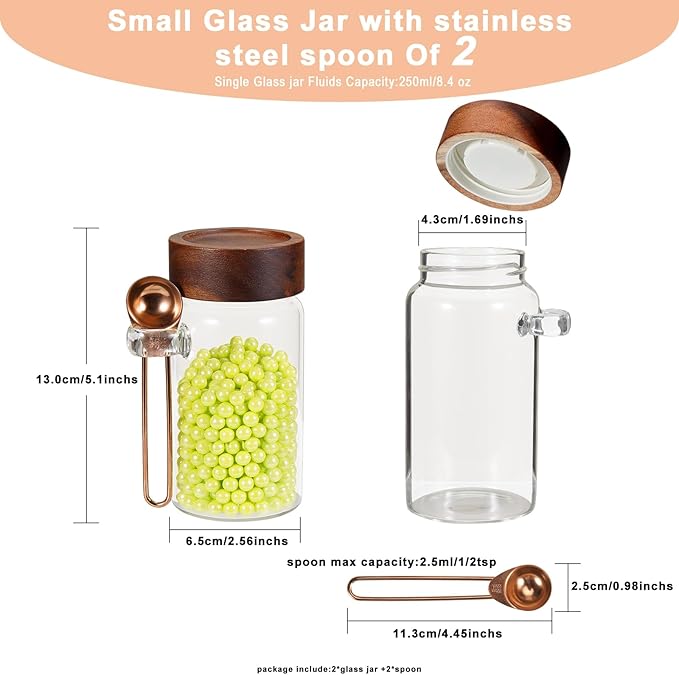 8 oz Small Glass Mason Jars with Scoop Wooden Screw Lid Spice Herb Storage Container Clear Round Glass Food Canister for Seasoning Sugar Tea Coffee Bean Spice Salts Pantry (2×250ml(8.4oz)with scoop)