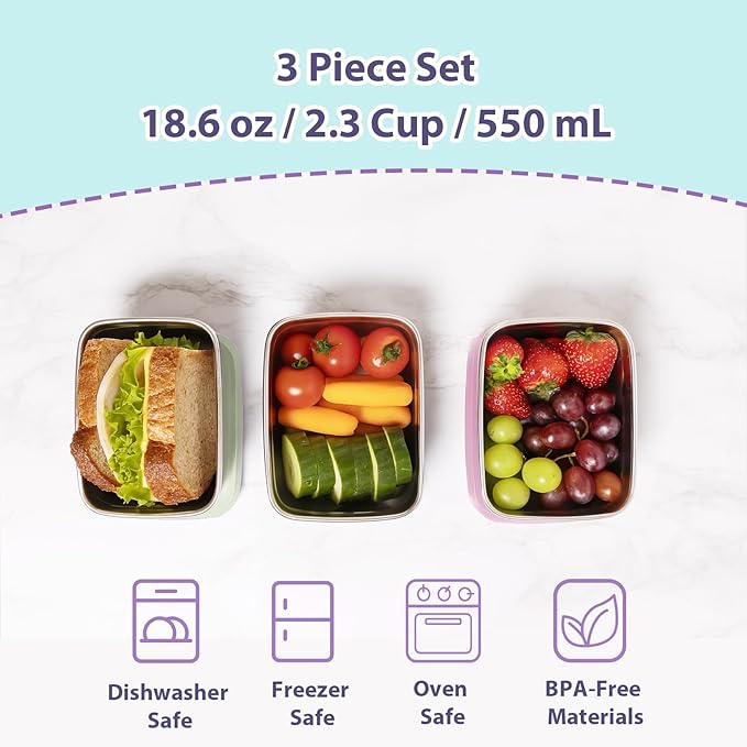 Tanjiae 3-Pack Stainless Steel Snack Containers for Kids & Toddlers - 550ml (18oz) Leakproof Reusable Food Containers with LFGB Certified Lids | Stackable Metal Lunch Box for Daycare, School, Travel