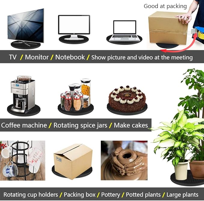 Lazy Susan Turntable Organizer - 12 Inch Heavy Duty Rotating Swivel Stand with Steel Ball Bearings for Spice Cabinets, Flat Panel Monitor, TV, Painting, Display, Potted Plants (Black)