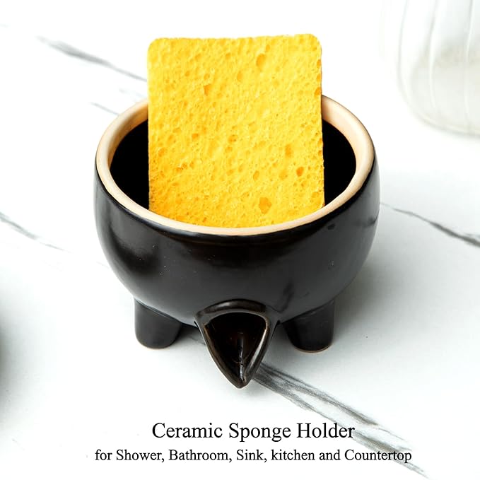 Ceramic Sponge Holder with Drainage, Modern Black Sink Caddy Organizer, Sponge Dish Rack for Soap, Brushes, Keeps Countertop Dry, Kitchen Sink Accessory