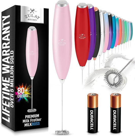 Zulay Kitchen Milk Frother Handheld Electric Whisk with AA Duracell Batteries – Durable Drink Mixer for Coffee, Lattes, Cappuccinos & More - Pink