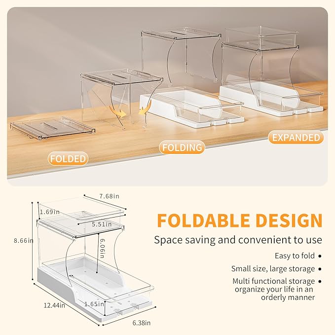 Jsyrjing Pull Out Spice Rack, 2 Tier Clear Cabinet Organizer for Kitchen and Bathroom Storage, Rotating Pantry Organizer and Makeup Organizer for Drawer, Durable Design, 2 Pack Under Sink Organizer