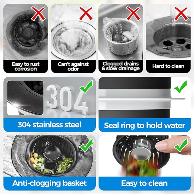 Sink Drain Strainer - Brushed Black Kitchen Sink Stopper, 3 in 1 Stainless Steel Pop-Up Drain Plug with Anti-Clog Basket, Matte Black Cover Fits Standard 3-1/2" Kitchen Sink Drains