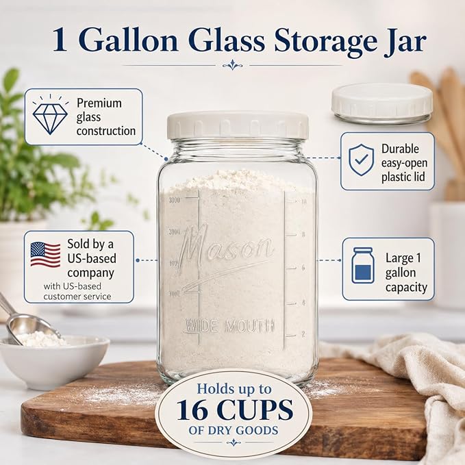 kitchentoolz Extra Large Mason Jar - 1 Gallon Glass Wide Mouth Jar with Airtight Plastic Screw on Lid, Food Storage Container with Measurement Marks Pack of 1
