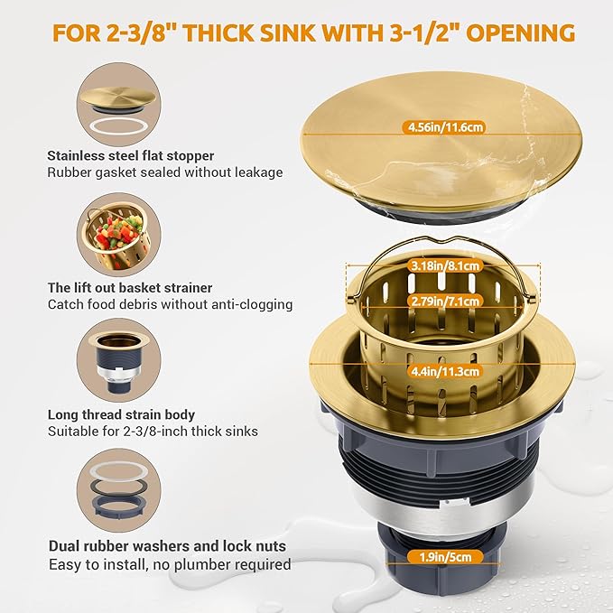 BOTEMY Kitchen Sink Drain Assembly with Removable Deep Basket Strainer, Anti-Clog Sink Drain Kit, Stainless Steel & ABS, Easy Clean Lift-Out Strainer, Fits Standard 3-1/2 Kitchen Sinks - Gold