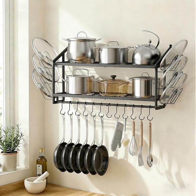 VOPEAK 30" Pot Rack Wall Mounted with 6 Detachable Pot Lid Holders,12 Adjustable S Hooks for Hanging Pans,2 Tier Black Heavy Duty Metal Shelves for pots and pans Organizer,200lbs Capcity,Space Saving