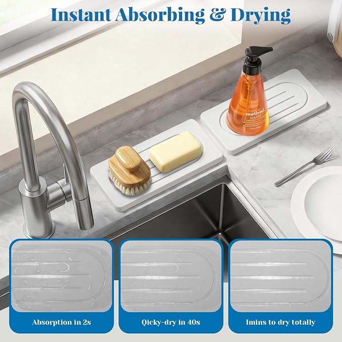 Water Absorbing Stone Drying Tray Mat, Countertop Fast Drying Counter Trays, Stone Drying Mat for Kitchen Counter Faucet, Soap Dish Dispenser Vanity Organizer for Hand Soaps Plants Toiletries
