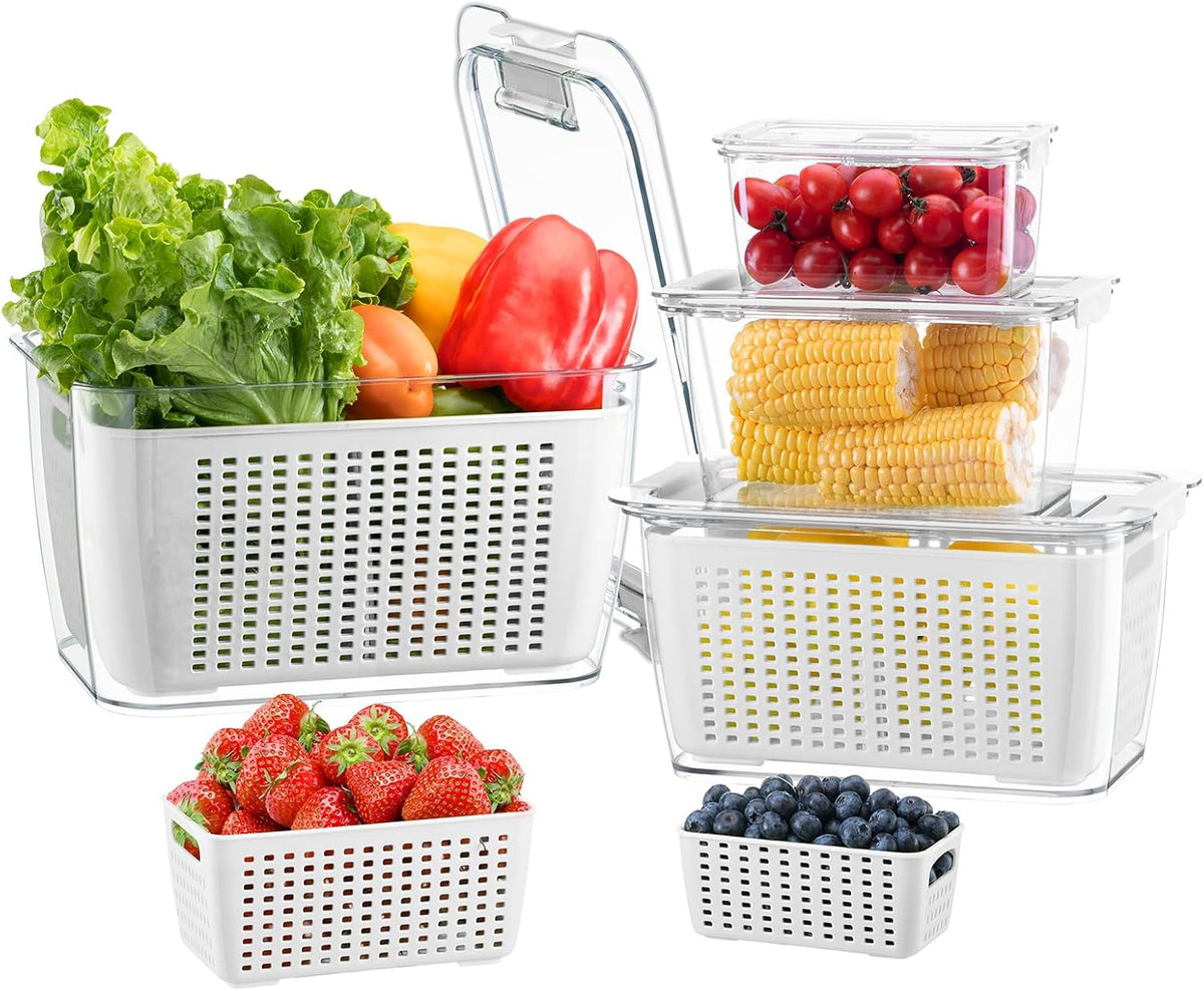 4 Pack Fruit Vegetable Containers for Fridge, Produce Saver Container with Lids &Removable Colander BPA-free Refrigerator Storage Organizer for Fruit Vegetable, Berry, Meat keep Fresh Longer