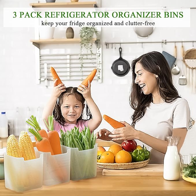 3 Pack Refrigerator Organizer Box, Plastic Refrigerator Side Door Storage Containers, Space-Saving Organizer Bins for Fridge, Refrige Drawers for Fruit and Vegetable (Clear,S*3)