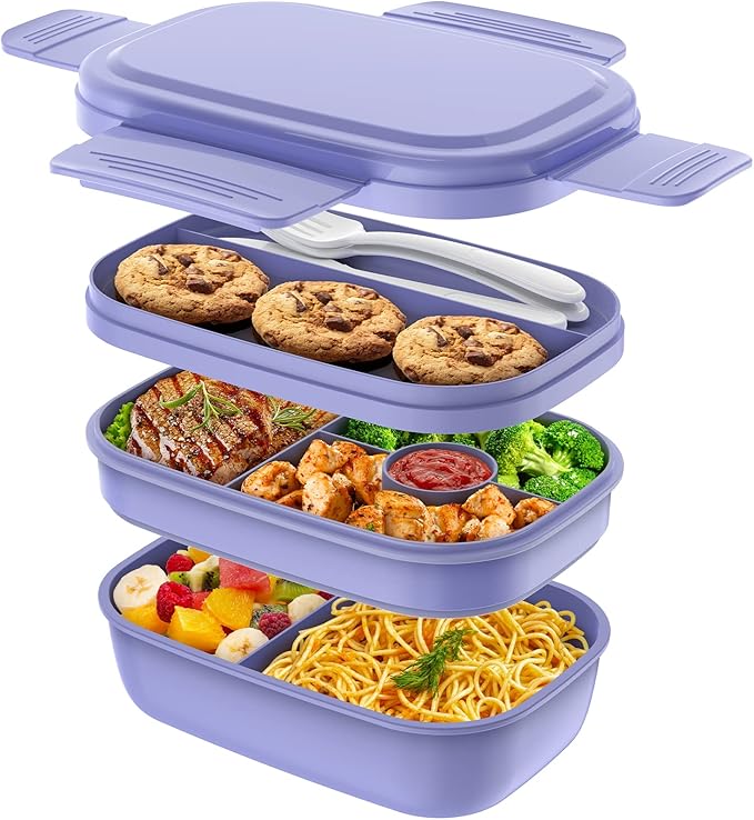 HOMETALL Stackable Bento Box for Adult Kids, Large Capacity 1900ml , Leak-Proof Lunchbox Containers with Utensil Set for Dining Out, Work, Picnic, School