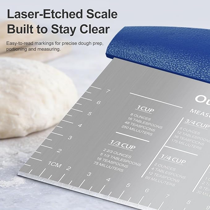 Ourokhome 2 Pack Bench Scraper Dough Cutter, Stainless Steel Dough Scraper with Laser-Etched Scale, Conversion Chart, Non-Slip Handle, Dishwasher Safe for Bread & Pastry, Blue