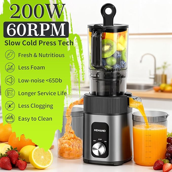 MDHAND Juicer Machines, Cold Press Juicer, Quiet Slow Masticating Juicers with Large Feed Chute, High Juice Yield, Easy To Clean, Juice Extractor Machines for Whole Vegetables & Fruits