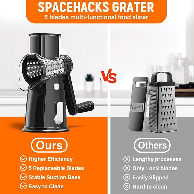 5 Blades Rotary Cheese Grater Hand Crank Vegetable Chopper Shredder Spiralizer Slicer Mandoline for Vegetable & Cheese & Fruit, Food Chopper for Kitchen with Blades Storage Box & Suction Base (Black)