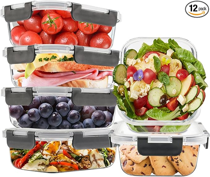 6Pack 22oz Glass Meal Prep Containers, Glass Food Storage Containers Sets with Snap Leak Proof Lids for Microwave, Oven, Freezer and Dishwasher Safe (Grey, 22oz)