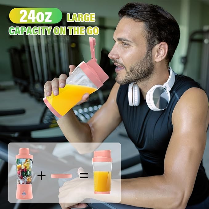 Portable Blender, 360W Personal Blender for Shakes and Smoothies for Kitchen, 24 Oz BPA Free Traveling Juicer Cup and Lid with 6 Blades, Self Cleaning Portable Juicer for Kitchen/Travel/Gym, Pink