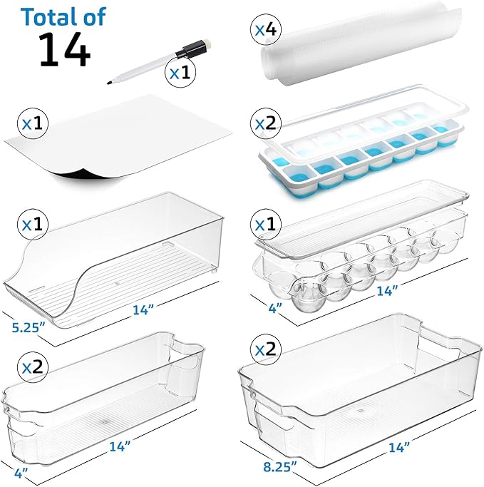 Fridge Organizer - 14 Piece Refrigerator Organizer Bins - Stackable Freezer Organizer - Clear Refrigerator Organizer - Acrylic Fridge Bins, (VDS-SB-BIN-14SET)