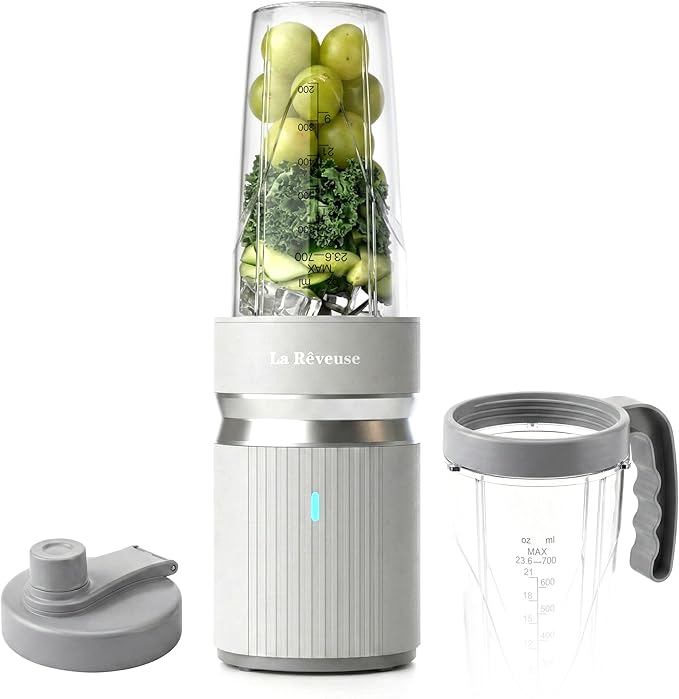 La Reveuse Smoothie Blender for Shakes,Smoothies,Frozen Blending,Salsa,Sauces,Dips,(1) 24oz Cup,(1) Spout Lid,(1) Handled Comfort Lip Ring,1000W,Cool Gray