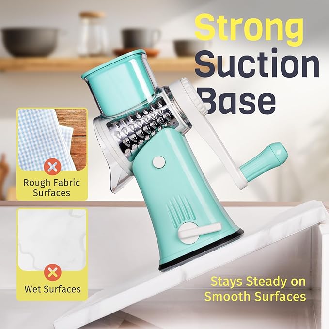 5-in-1 Rotary Cheese Grater Hand Crank, Vegetable Slicer Shredder with 5 Interchangeable Blades, Graters for Kitchen, Safe Kitchen Tool for Cheese, Nuts, Blue