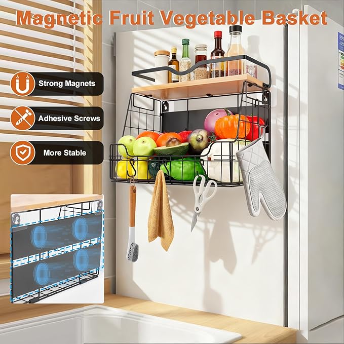 Livabber Magnetic Fridge Organizer Basket with Wood Shelf, Large Fruit Vegetable Storage Bin, Spices Snacks Condiments Rack for Kitchen Pantry, Laundry Room, Office, Magnetic or Wall Mount (Black)
