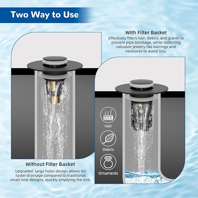 Hibbent 3 Pack 3 in 1 Bathroom Sink Drain Strainer, Universal Pop Up Stopper, Removable Stainless Steel Filter Basket Hair Catcher, Sink Plug for 1.1''~2.36'' Basin, Brass Bullet Core, Matte Black