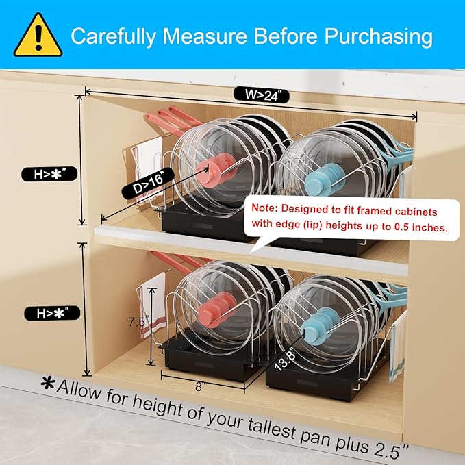 Golener 2 Packs Fixed Pots and Pans Organizer Under Cabinet, No Drill Slide-Out Pan Organizer with Adjustable Dividers & Handle Bracket, Pot Lid Holder, Pan Storage Inside Cabinet for Kitchen