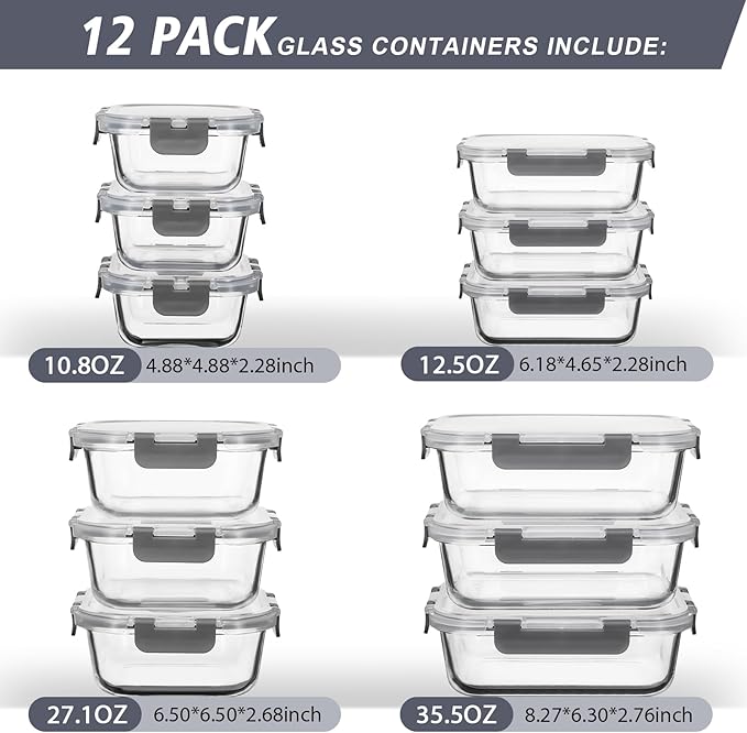 AILTEC 12 Pack Glass Food Storage Containers with Lids, Glass Meal Prep Containers Set with Leak Proof Lids, Airtight Lunch Container for Kitchen, Microwave, Oven, Freezer, Dishwasher Safe, Bpa free