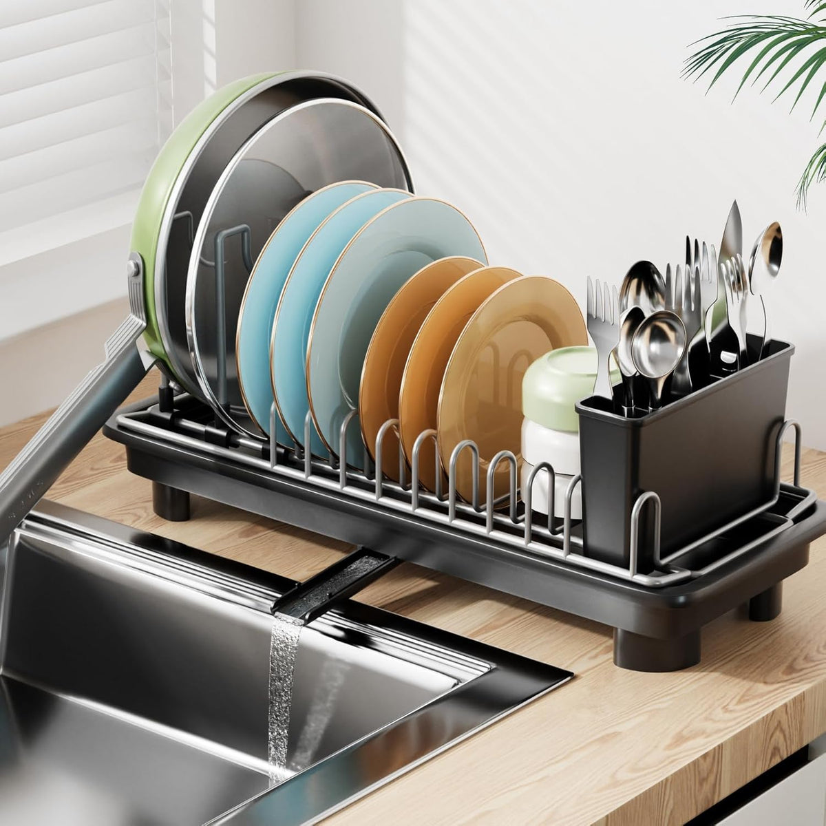 Small Dish Drying Rack, Compact Dish Drainer for Kitchen Counter, with Adjustable Back Slots, Space-Saving for Small Kitchens, Black