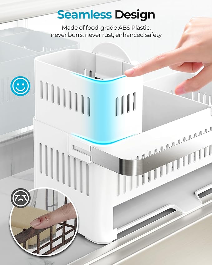 Nieifi Sponge Holder for Kitchen Sink, Sink Caddy with Towel Rack, Dish Sponge Holder, Brush Holder for Kitchen Sink Organizer Storage, White