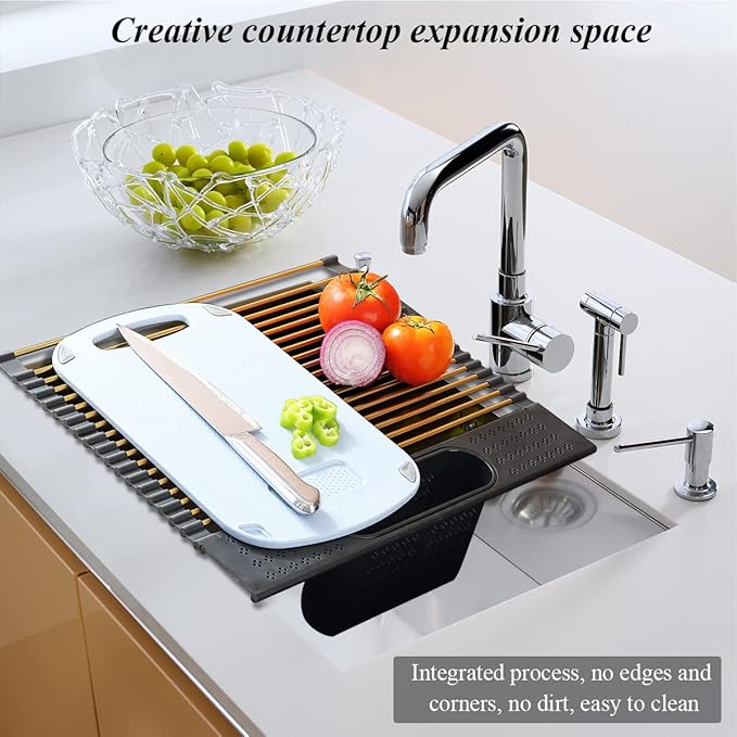 Berglander Gold Dish Drying Rack Over The Sink, L17.5*W 15" Rollable Tianium Golden Plating Stainless Steel Dish Rack with Removable Storage Basket, Perfect for Kitchen Sink