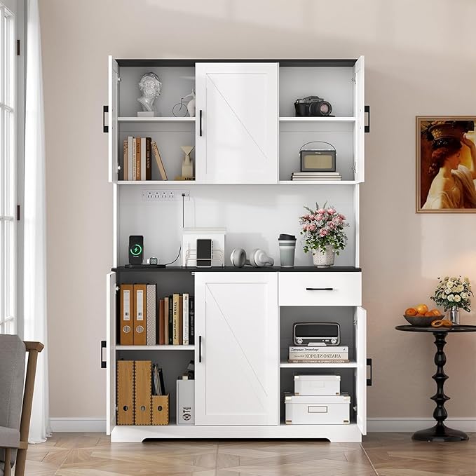71" Pantry Cabinet,Kitchen Pantry Storage Cabine with Power Outlet,Farmhouse Kitchen Hutch Pantry Cabinet, Tall Hutch with Adjustable Shelf & Door,Food Pantry Storage for Dining Room,Kitchen (White)