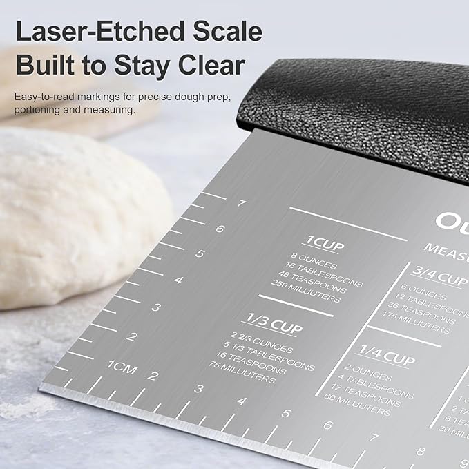 Ourokhome 2 Pack Bench Scraper Dough Cutter, Stainless Steel Dough Scraper with Laser-Etched Scale, Conversion Chart, Non-Slip Handle, Dishwasher Safe for Bread & Pastry, Black and Red