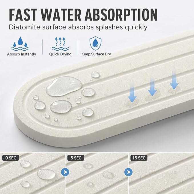 Razborci 2PCS Water Absorbing Stone Drying Tray Mat for Bathroom Sink & Kitchen Counter Faucet Organizer Decor, Quick Dry Dish Soap Dispenser Sponge Holder, Vanity Sink Caddy Coaster,White -10"*3.8"