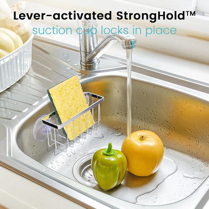 HLOOL Kitchen Sink Sponge Holder, Sponge Holder for Kitchen Sink Suction，Sink Organizer (Chrome)