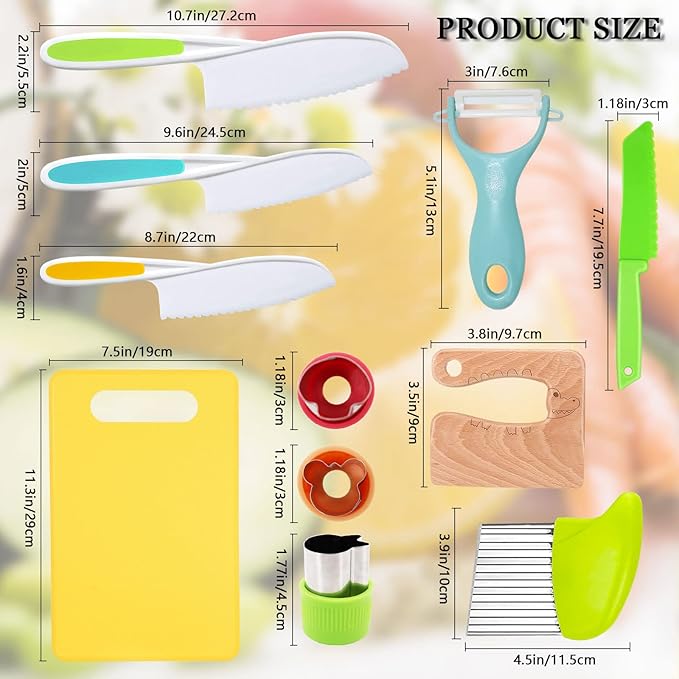 RISICULIS 11 Pieces Wooden Kids Kitchen Knife, Kids Kitchen Set Include Wood Knife, Serrated Edges Plastic Toddler Knife, Kids Kitchen Accessories, Montessori Cooking Christmas Gifts for Boys Girls
