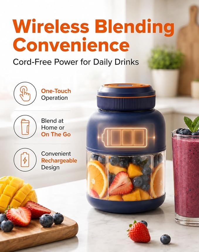 Portable Blender for Smoothies, Wireless Personal Blender with 38 Stainless Steel Blades, USB Rechargeable Travel Blenderfor Protein Shakes, Ice Crushing, Fruits & Vegetables (blue 1300ml)