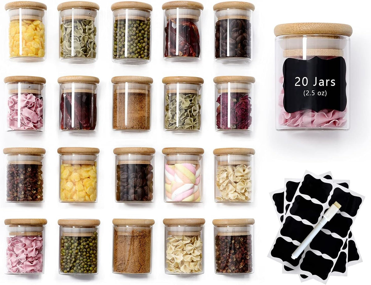 20 Pcs Glass Spice Jars with Airtight Bamboo Lids, Labels and Pen, 2.5oz Mini Clear Food Storage Containers for the Pantry, Kitchen Canisters for Tea, Herbs, Sugar, Salt, Coffee and More
