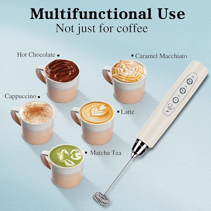BSRGMS Milk Frother Handheld for Coffee, Electric Whisk 3 Speed Adjustable, Drink Mixer with Stainless 3 Whisks, Rechargeable Hand Frother Wand, for Latte Cappuccino Hot Chocolate Egg Beige