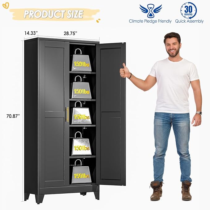 GAIOUS 71" Tall Metal Storage Cabinet with 2 Doors and 4 Adjustable Shelves, Kitchen Pantry Cabinet Black Freestanding Cupboard, 5 Tier Multifunctional Steel Storage for Office, Kitchen, Dining Room