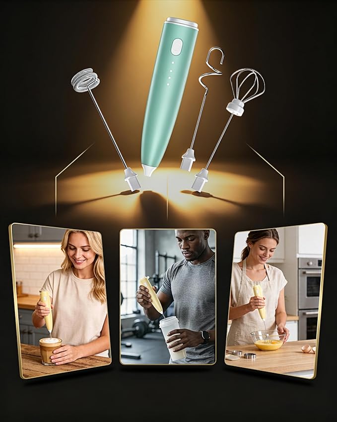 Portable Milk Frother Handheld,Electric Drink Mixer & Wand, 3 Detachable Stainless Steel Whisks, 3 Adjustable Speeds Quiet, USB C Rechargeable for Coffee, Latte, Matcha, Home & Kitchen (Light green)
